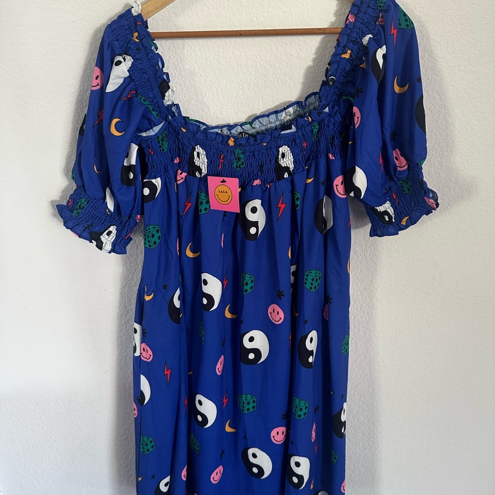 Lala Blue Dress with Yin Yang and Smiley Print
